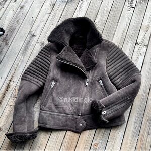Rare All Saints Shearling Jacket Moto Biker Leather Sheepskin Quilted Coat S 6